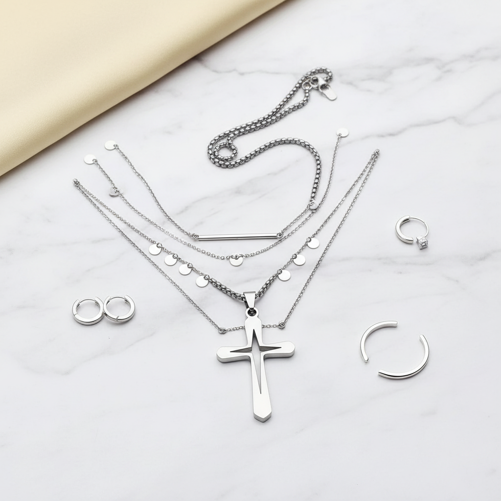 Silver Necklace Flat Lay