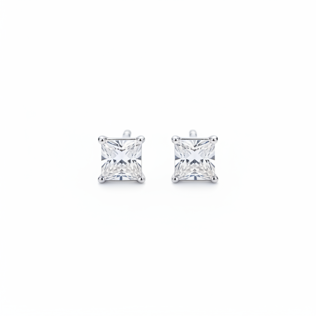 Silver princess-cut diamond stud earrings on white background