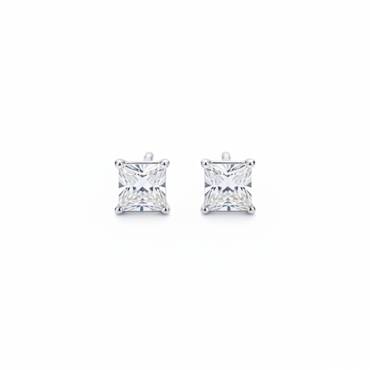 Silver princess-cut diamond stud earrings on white background