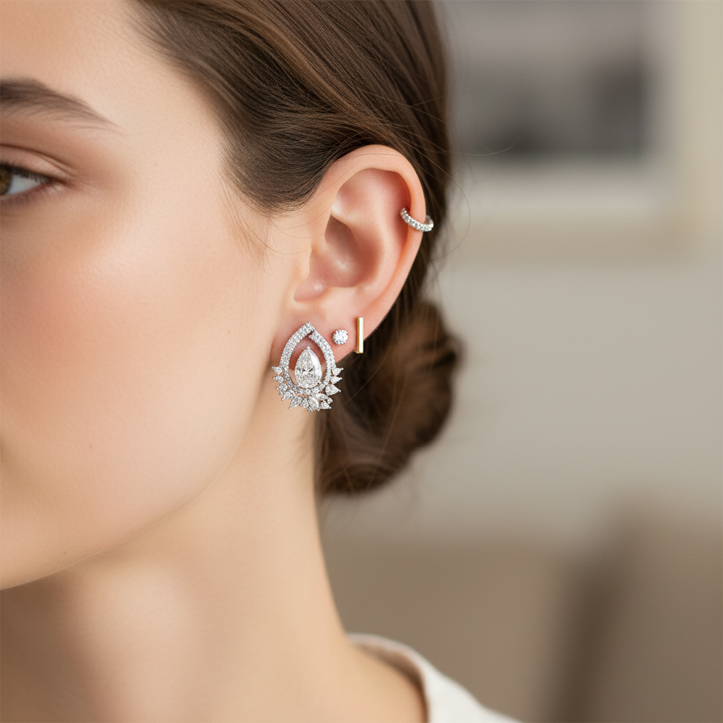 Small delicate diamond chandelier stud earrings styled with other stud earrings showing ear stacking