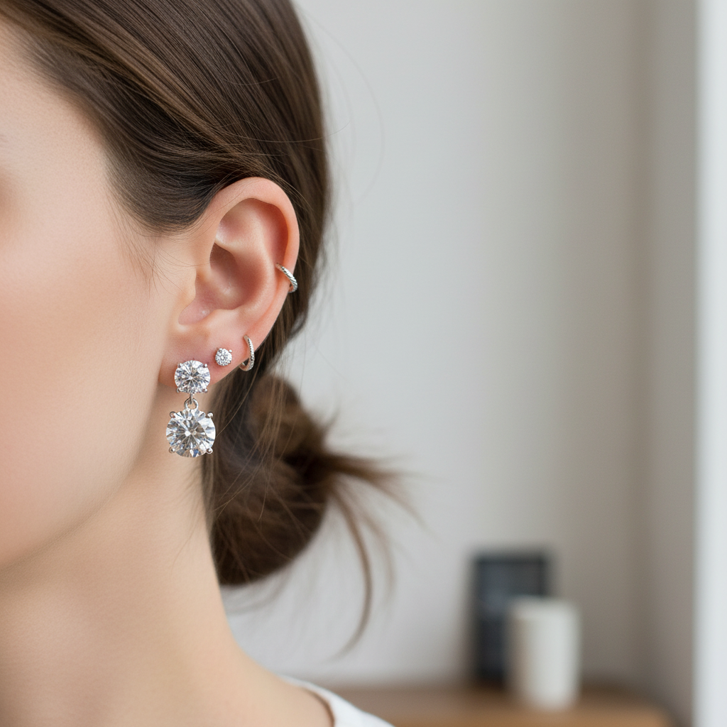 Small delicate diamond drop earrings styled with other earrings
