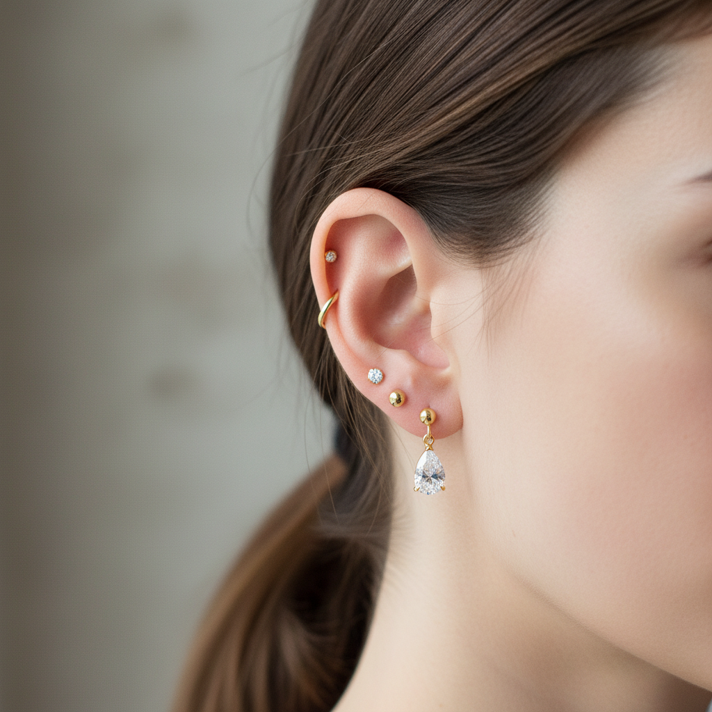 Small delicate pear-shaped diamond drop earrings styled with other earrings