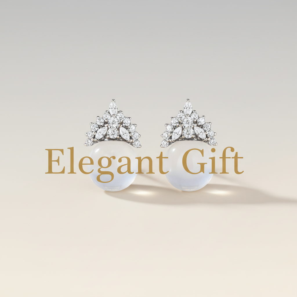 White gemstone crown earrings with "Elegant Gift" text overlay