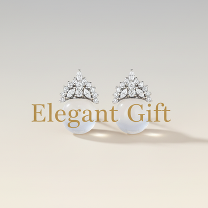 White gemstone crown earrings with "Elegant Gift" text overlay
