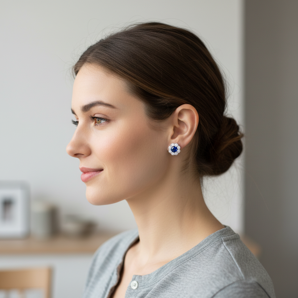 Woman wearing blue sapphire diamond halo earrings - lifestyle shot 1