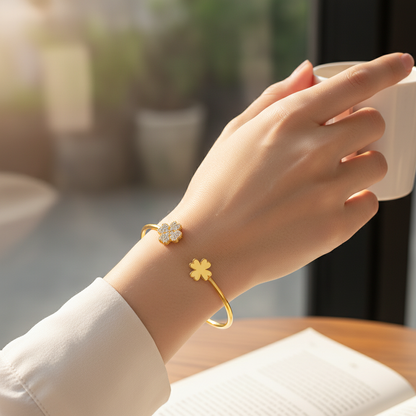Woman wearing clover diamond bangle bracelet - lifestyle shot 2