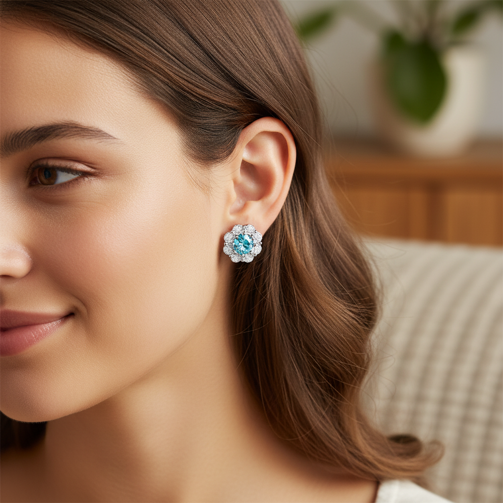 Woman wearing colored diamond halo earrings - lifestyle shot 2