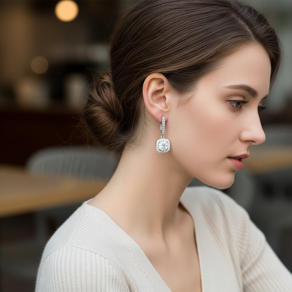 Woman wearing cushion-cut halo drop earrings - lifestyle shot 1