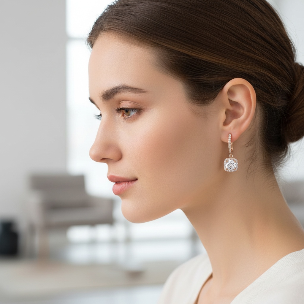 Woman wearing cushion-cut halo drop earrings - lifestyle shot 1