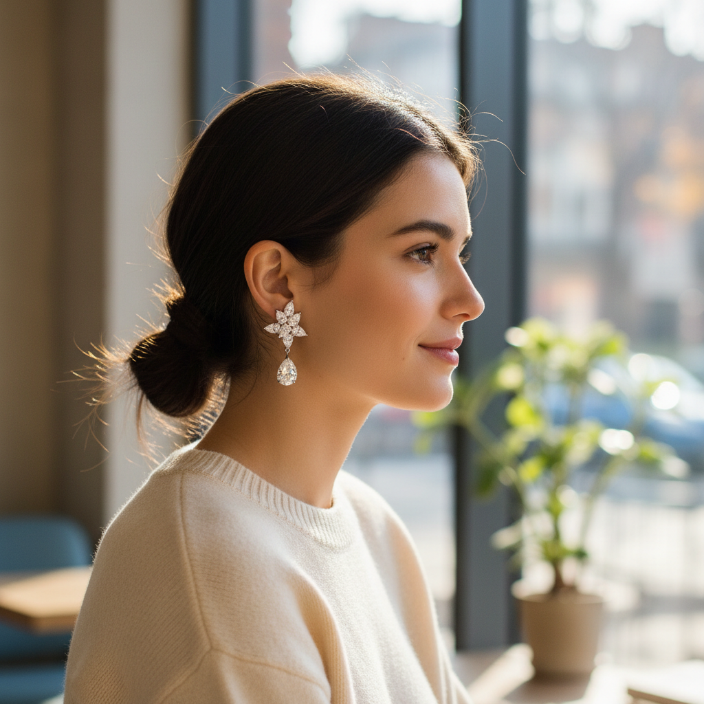 Woman wearing diamond flower cluster drop earrings - lifestyle shot 1