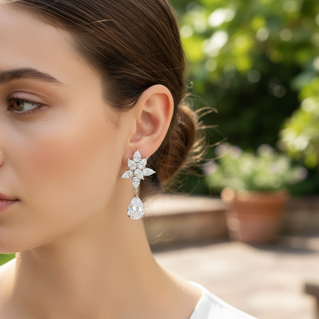Woman wearing diamond flower cluster drop earrings - lifestyle shot 2