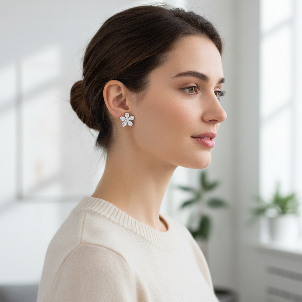 Woman wearing diamond flower stud earrings - lifestyle shot 1
