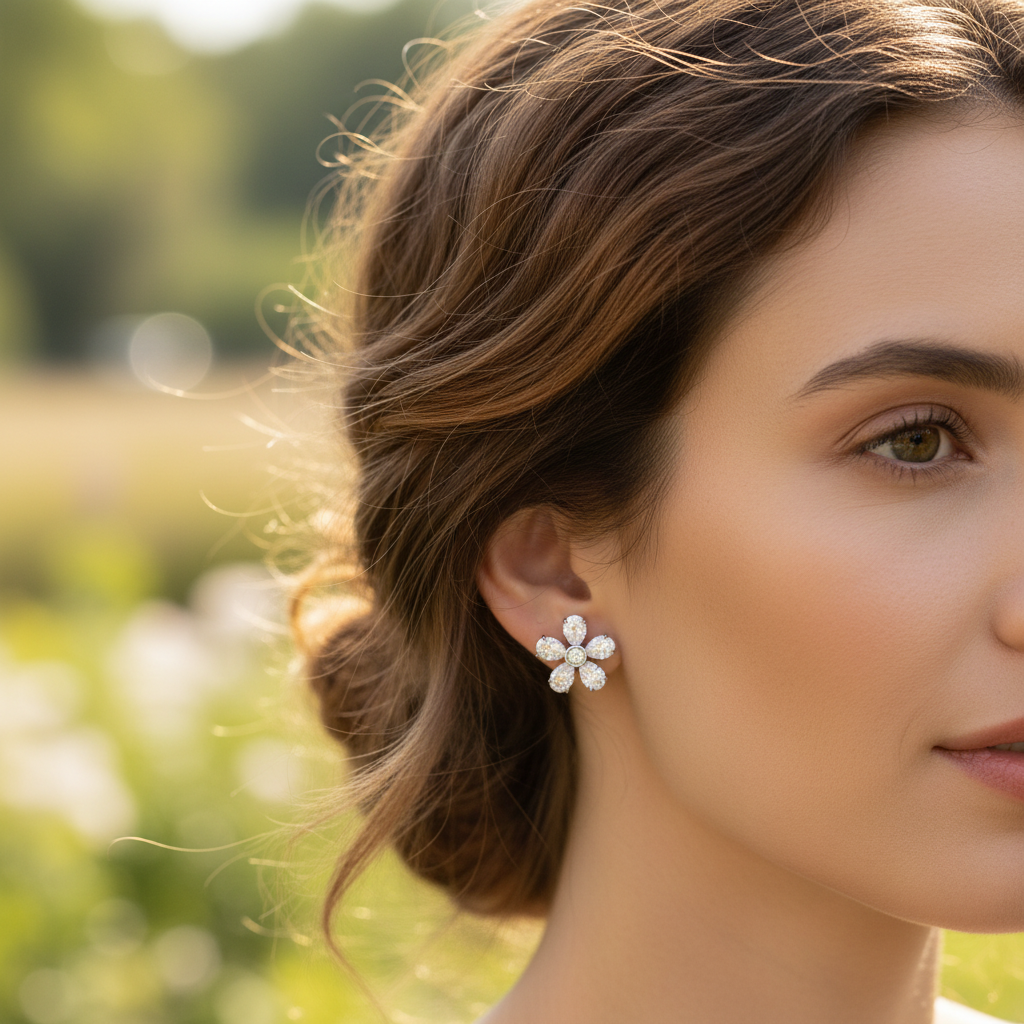Woman wearing diamond flower stud earrings - lifestyle shot 2