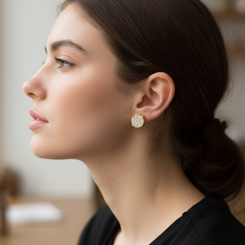 Woman wearing diamond stud earrings - lifestyle shot 1