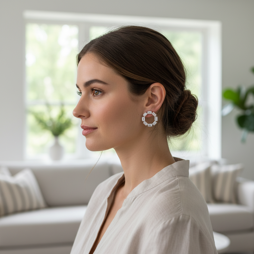 Woman wearing geometric emerald-cut diamond hoop earrings - lifestyle shot 1