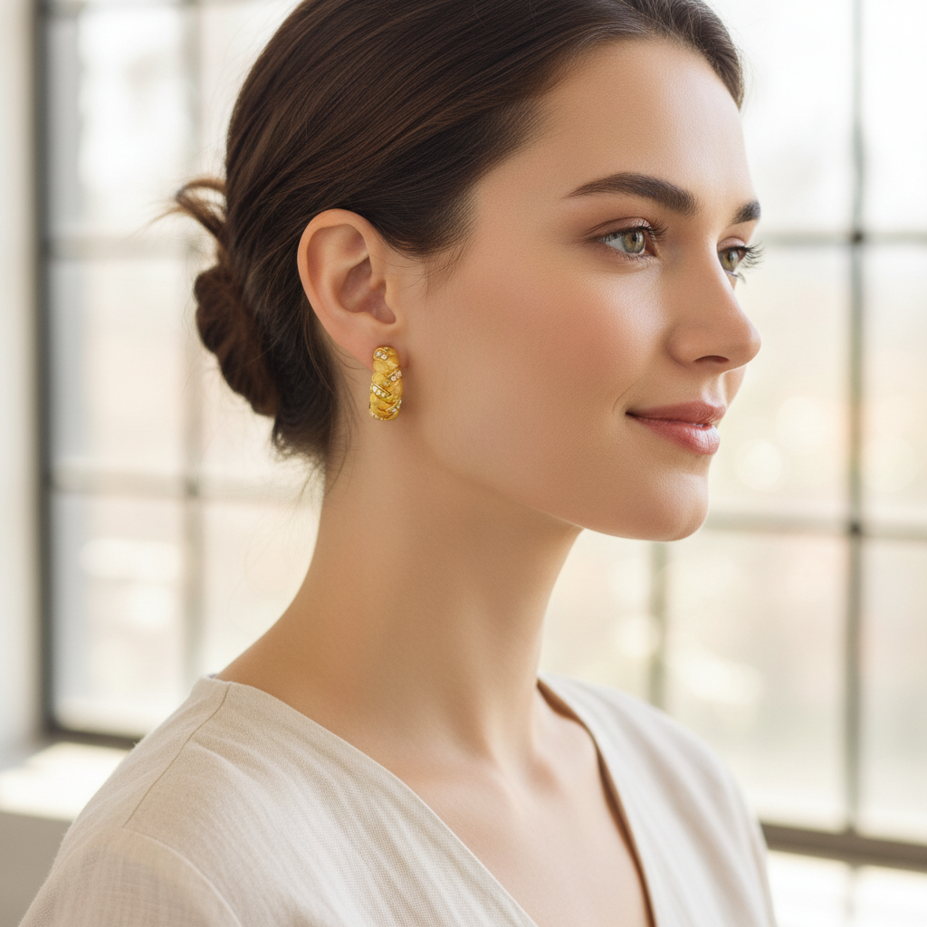 Woman wearing gold textured hoop earrings - lifestyle shot 1