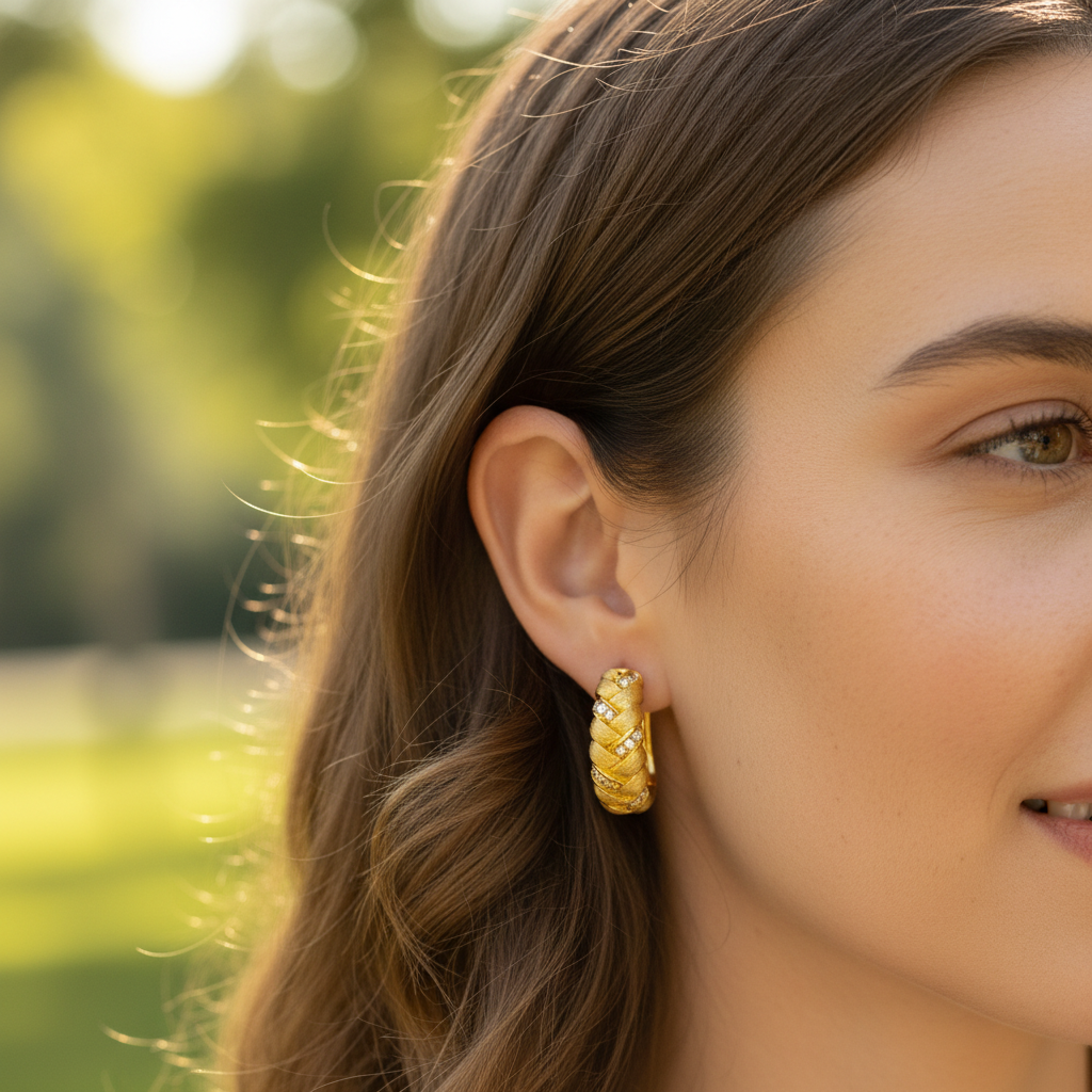 Woman wearing gold textured hoop earrings - lifestyle shot 2