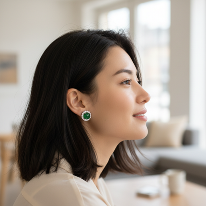Woman wearing green jade and diamond halo earrings - lifestyle shot 1