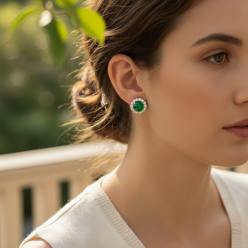 Woman wearing green jade and diamond halo earrings - lifestyle shot 2