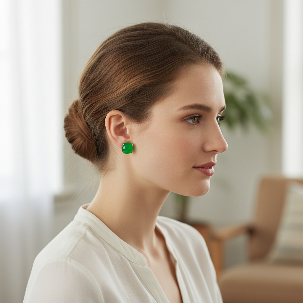 Woman wearing green jade stud earrings - lifestyle shot 1