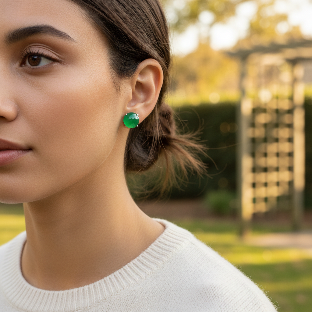 Woman wearing green jade stud earrings - lifestyle shot 2