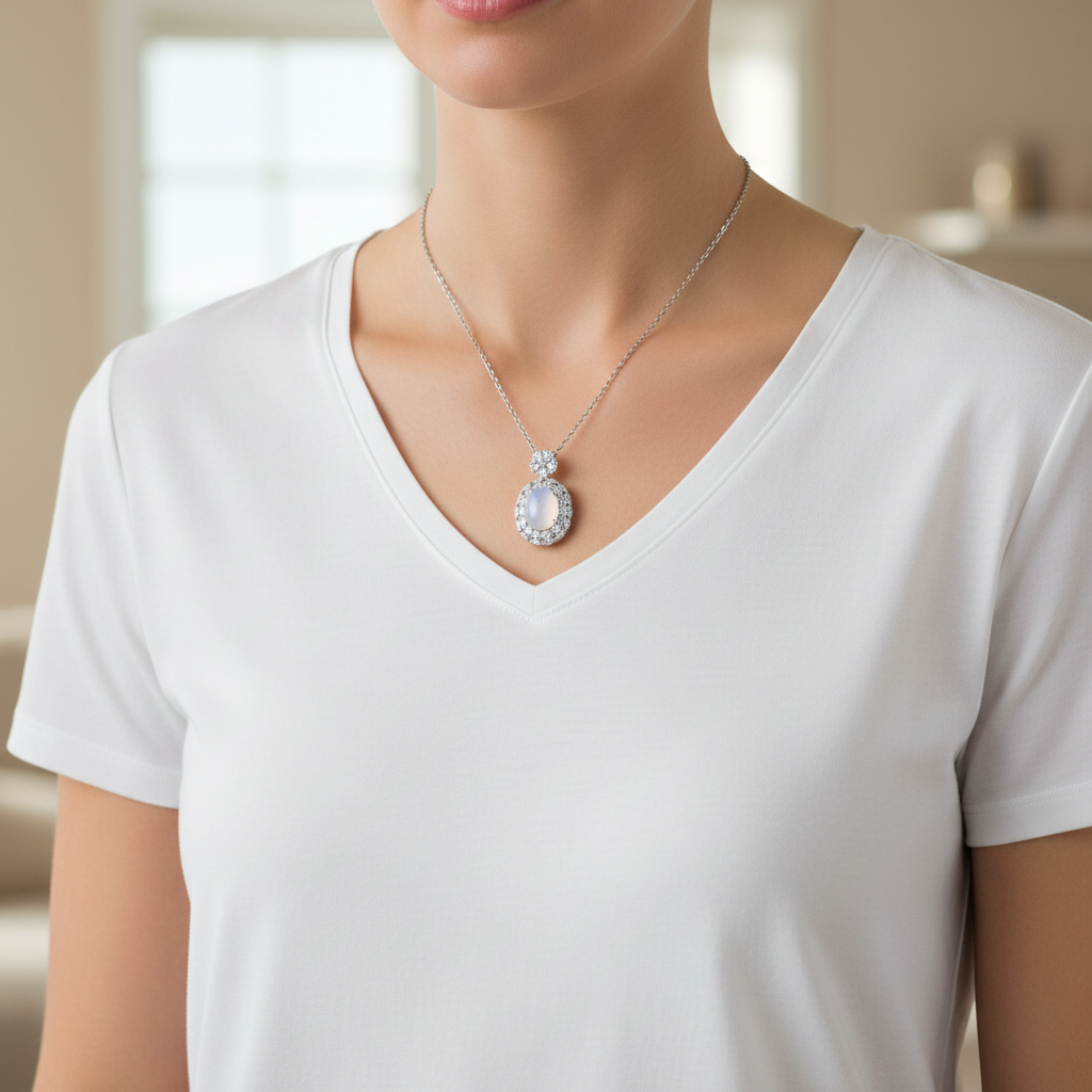 Woman Wearing Moonstone Necklace