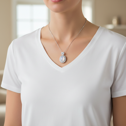 Woman Wearing Moonstone Necklace