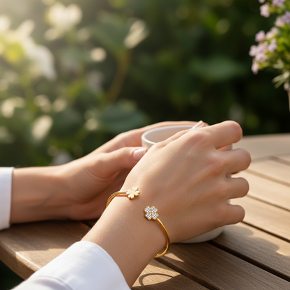 Woman wearing open cuff clover diamond bangle bracelet - lifestyle shot 2