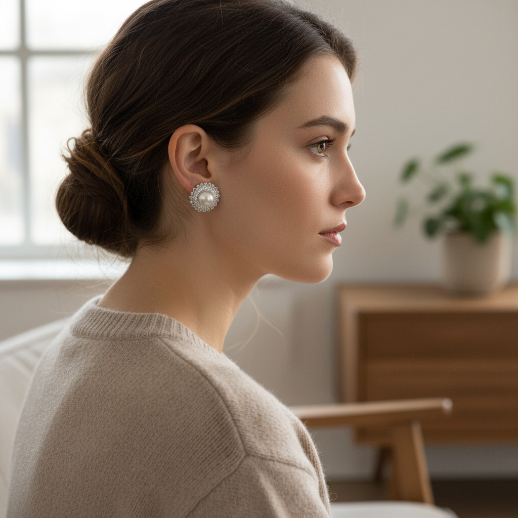 Woman wearing pearl and diamond halo earrings - lifestyle shot 1