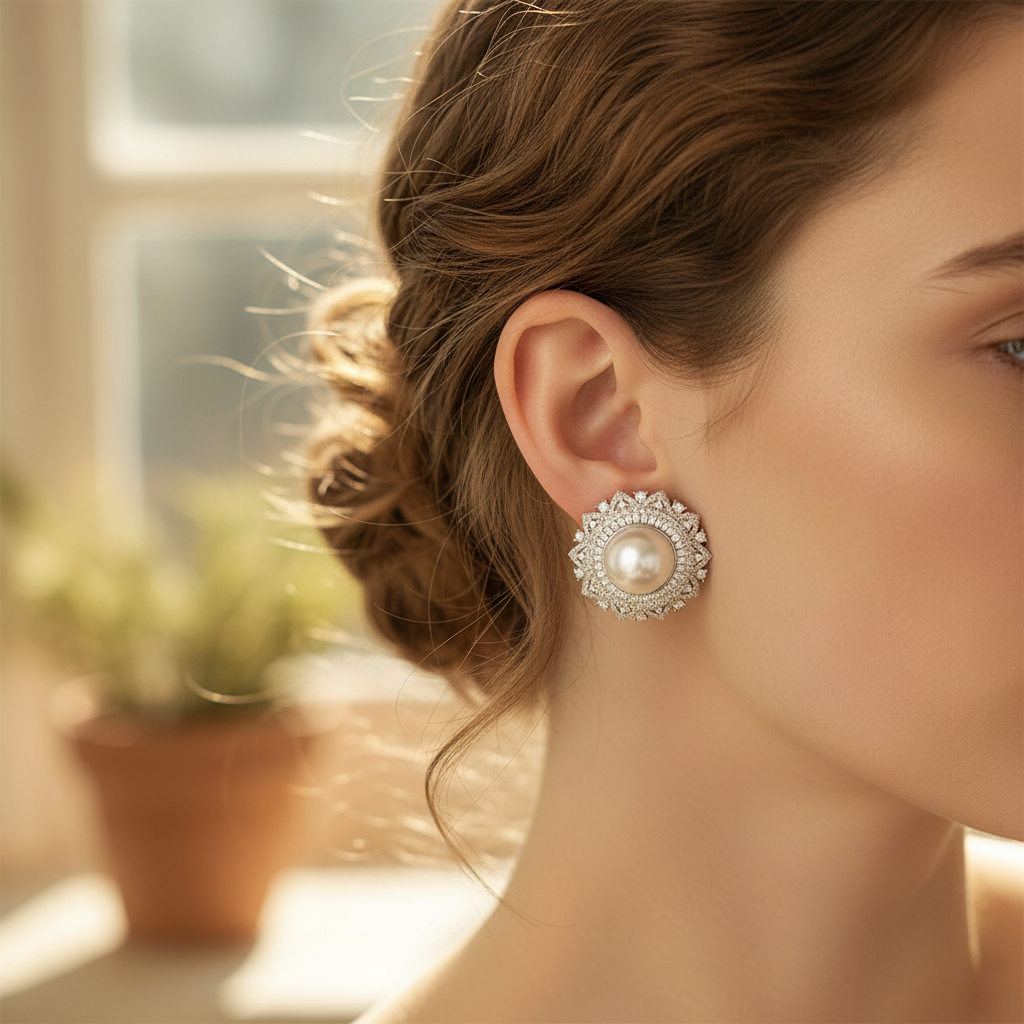 Woman wearing pearl and diamond halo earrings - lifestyle shot 2