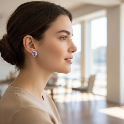 Woman wearing purple amethyst diamond halo earrings - lifestyle shot 1