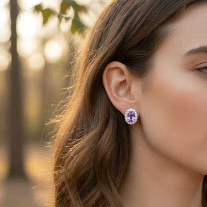 Woman wearing purple amethyst diamond halo earrings - lifestyle shot 2