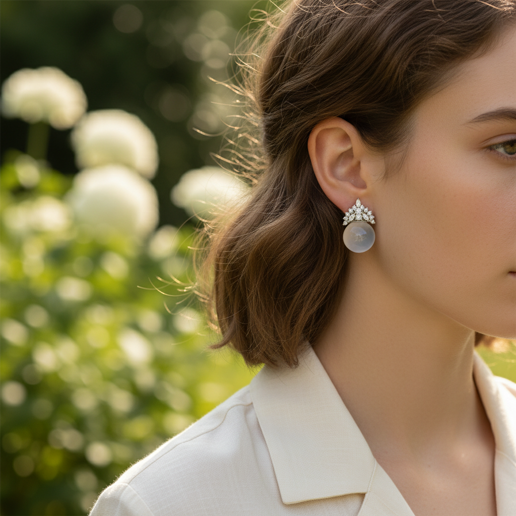 Woman wearing semi-transparent white gemstone and diamond crown earrings - lifestyle shot 2