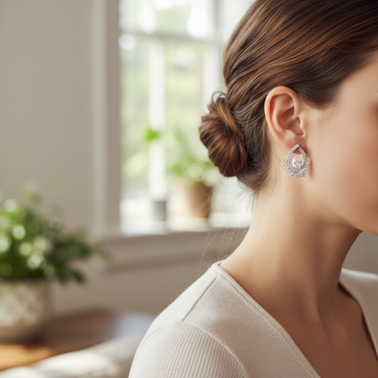 Woman wearing small delicate diamond chandelier earrings - lifestyle shot 1