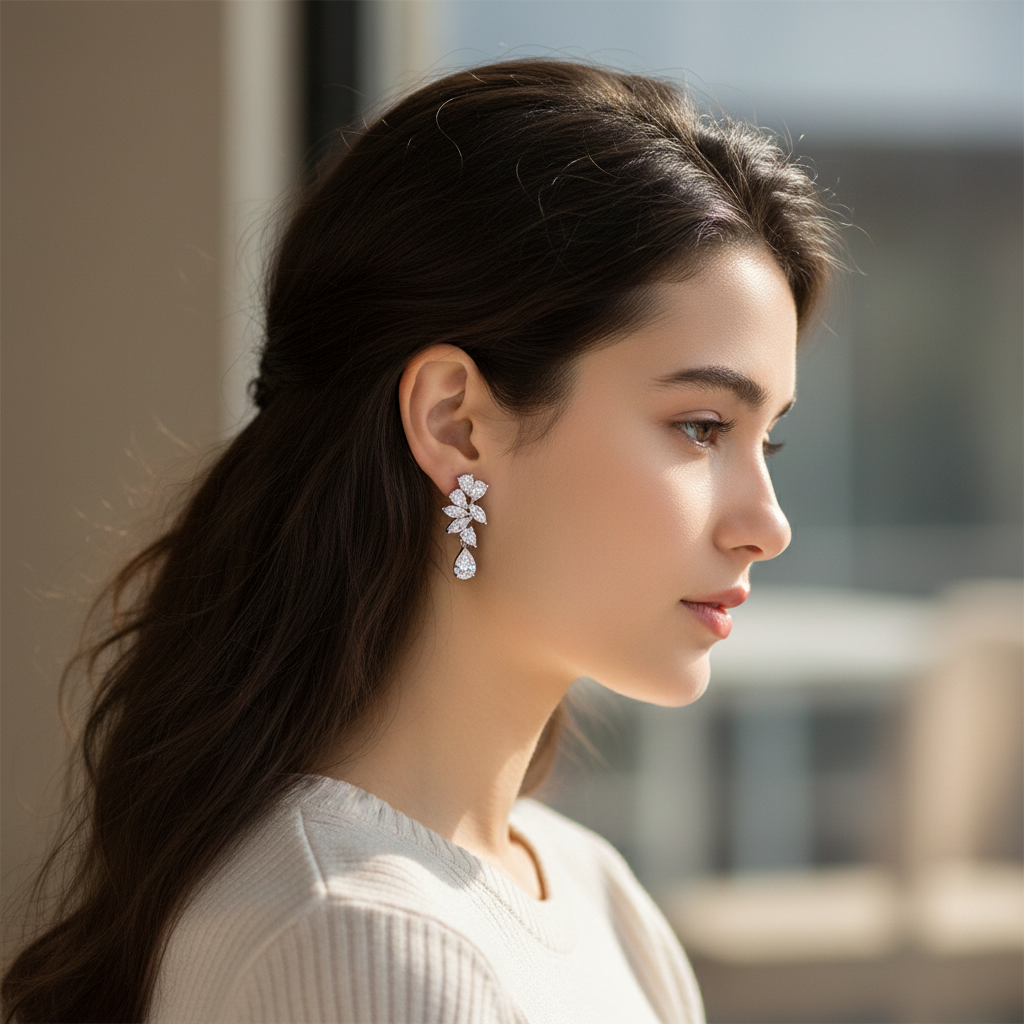 Woman wearing small delicate diamond cluster drop earrings - lifestyle shot 1