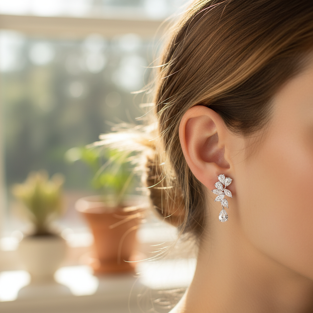 Woman wearing small delicate diamond cluster drop earrings - lifestyle shot 2