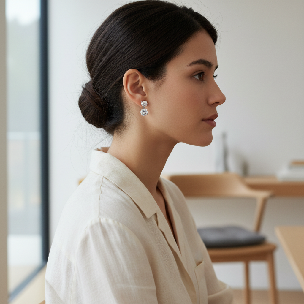 Woman wearing small delicate diamond drop earrings - lifestyle shot 1
