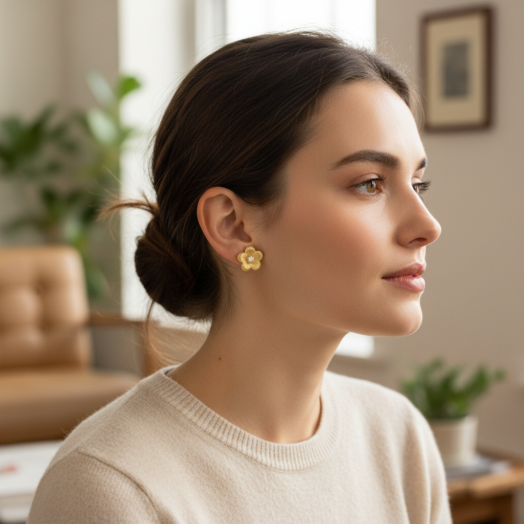 Woman wearing small delicate gold brushed flower stud earrings - lifestyle shot 1