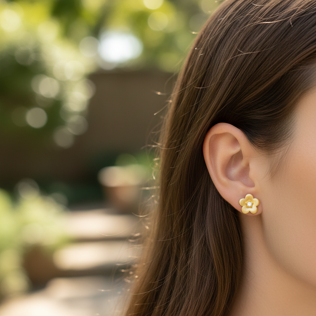 Woman wearing small delicate gold brushed flower stud earrings - lifestyle shot 2