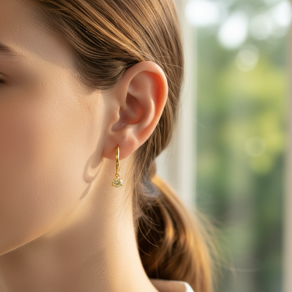 Woman wearing small delicate gold hoop earrings with yellow diamond drops - lifestyle shot 2