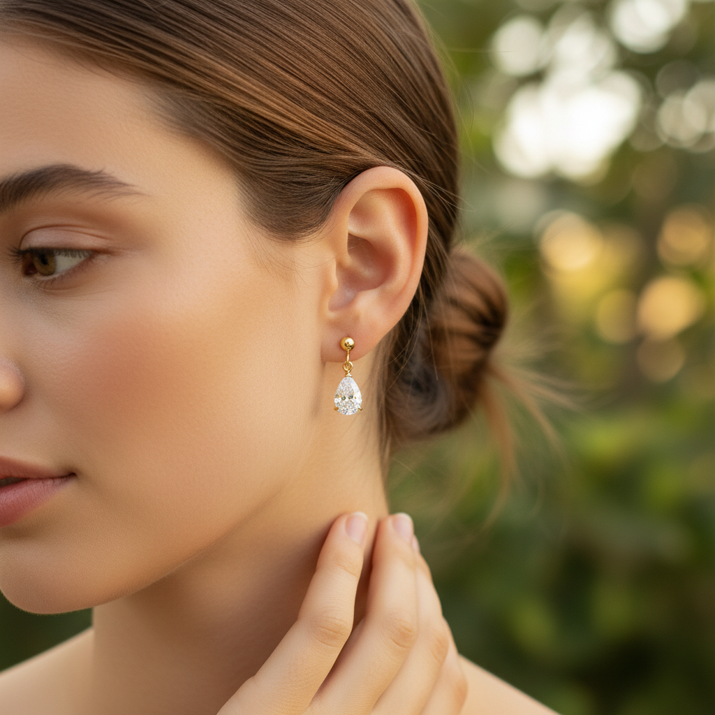 Woman wearing small delicate pear-shaped diamond drop earrings - lifestyle shot 2