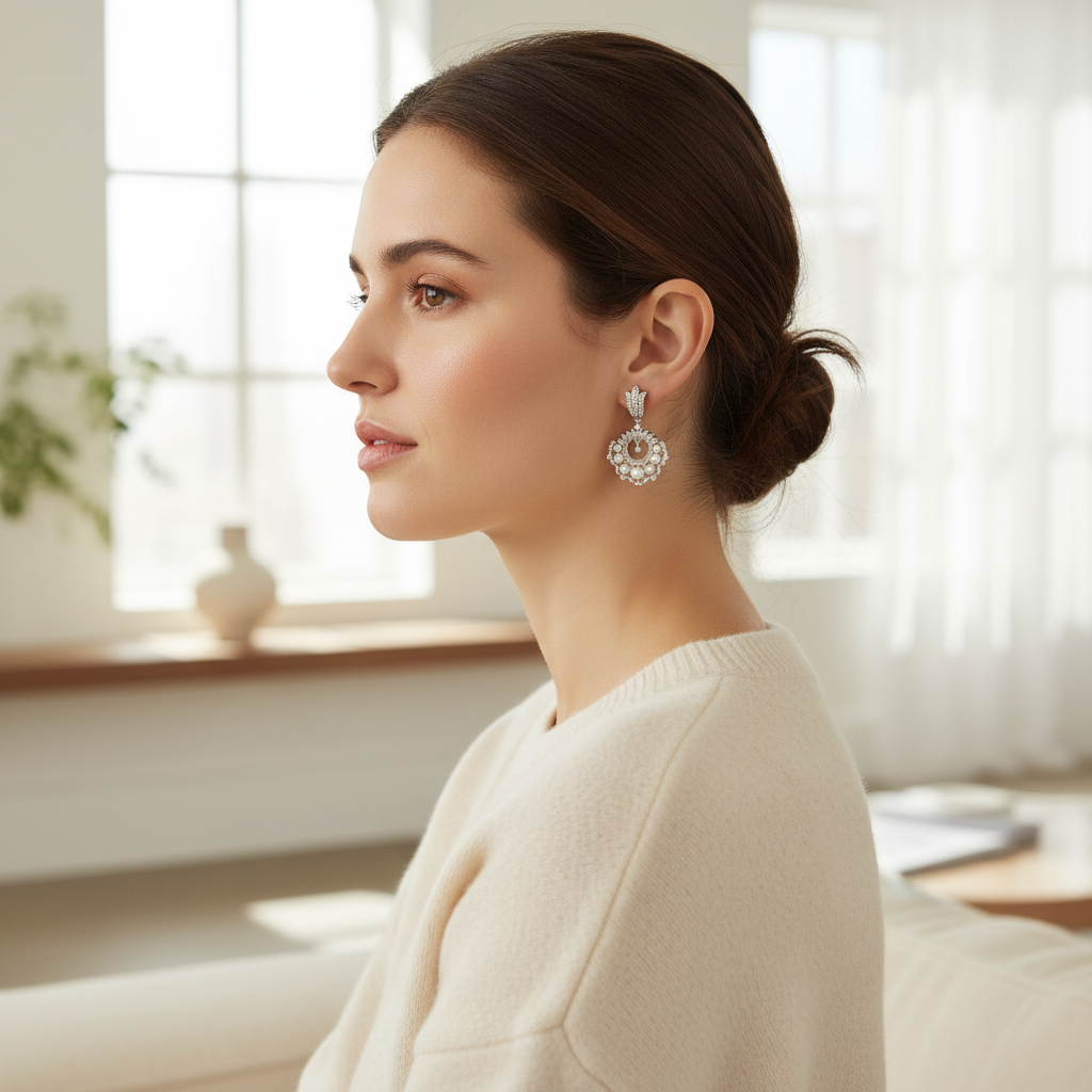 Woman wearing small delicate pearl and diamond chandelier earrings - lifestyle shot 1
