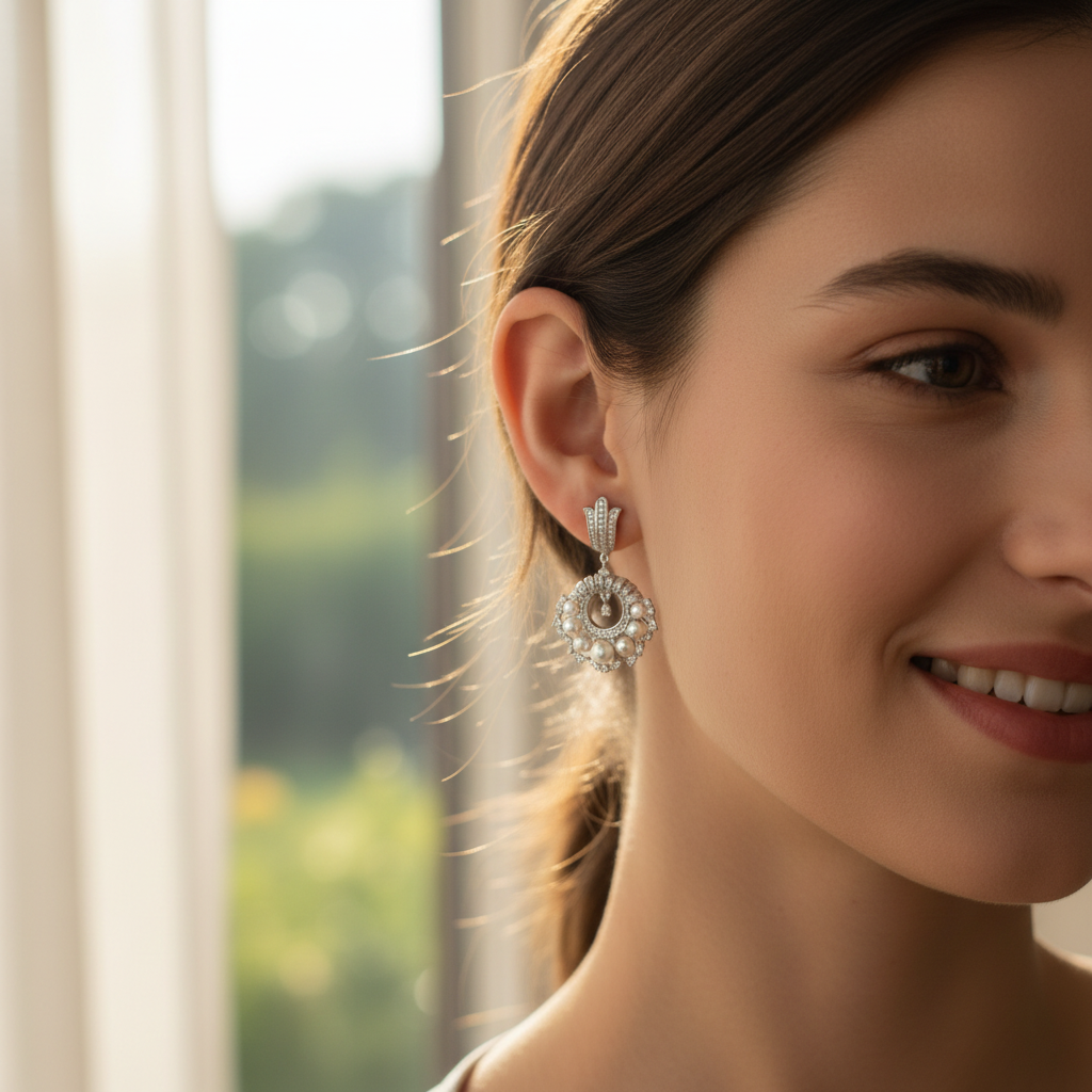 Woman wearing small delicate pearl and diamond chandelier earrings - lifestyle shot 2